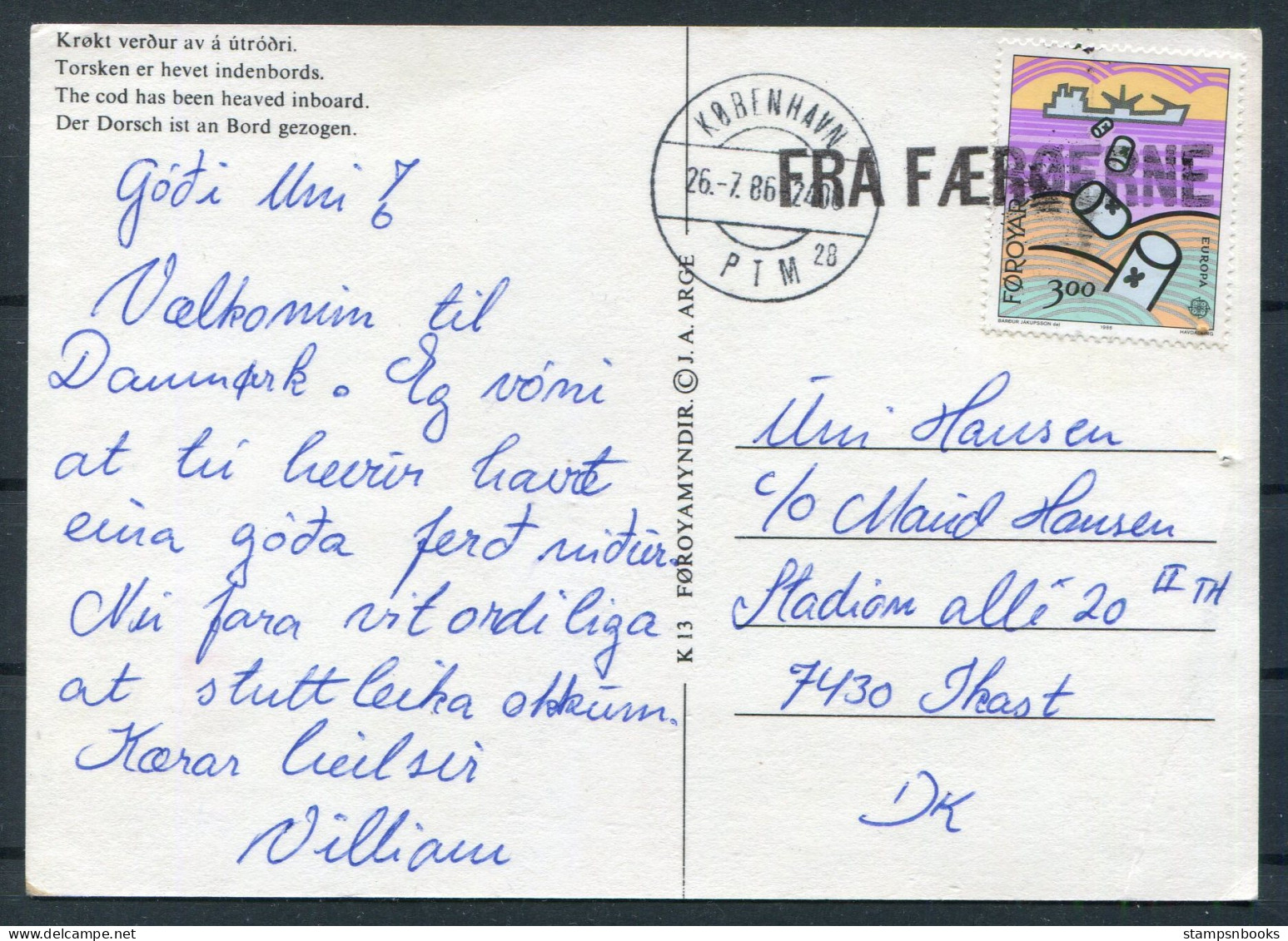 1986 Faroe Islands Cod Fishing Postcard FRA FAEROERNE Paquebot Copenhagen - Denmark - Islas Faeroes