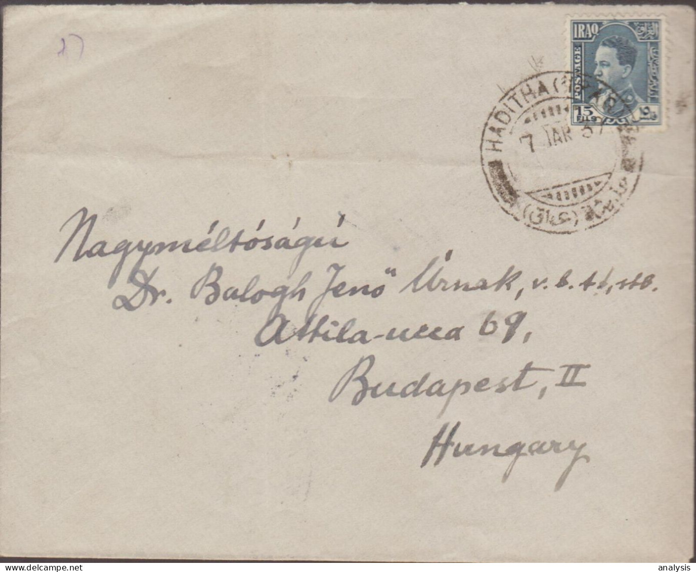 Iraq Haditha Cover Mailed To Hungary 1939. 15F Rate - Irak