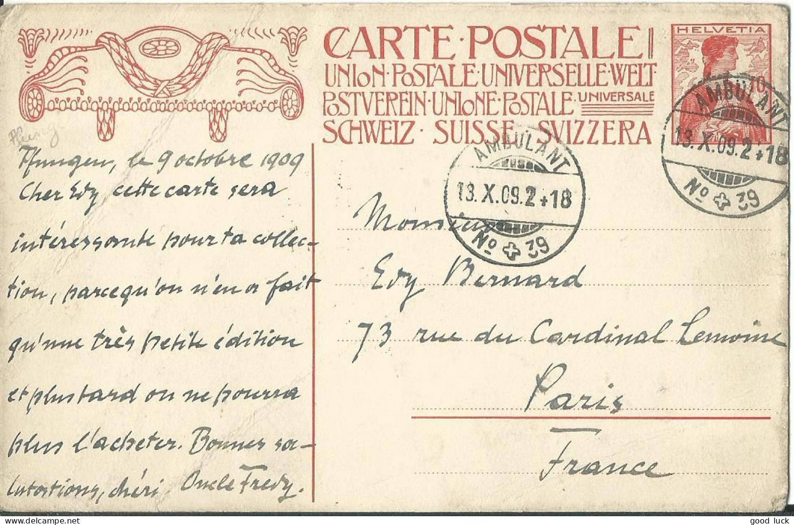 SUISSE CARTE ENTIER REPIQUE 10c  AMBULANT N°39  POUR PARIS  DE 1909 Peu Courant LETTRE COVER - Covers & Documents