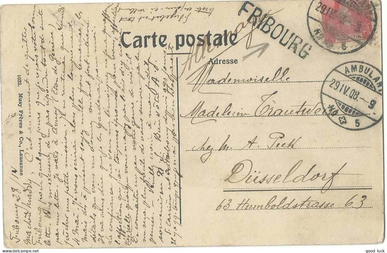 SUISSE CARTE ENTIER 10c MARQUE LINEAIRE FRIBOURG + AMBULANT N°5 POUR DUSSELDORF ( ALLEMAGNE )  DE 1908 LETTRE COVER - Covers & Documents