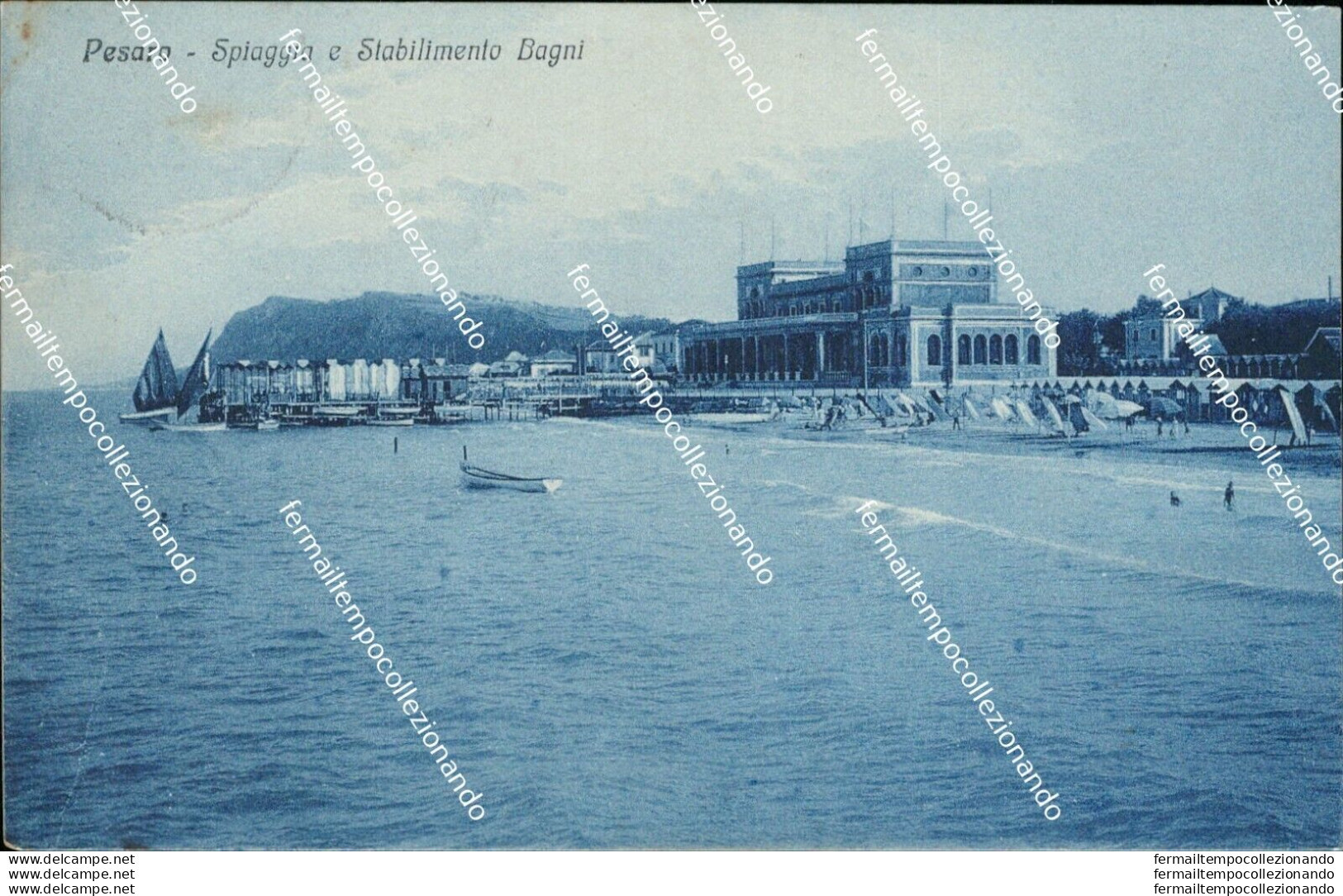 Bg178 Cartolina Pesaro Spiaggia E Stabilimento Bagni 1935 - Pesaro