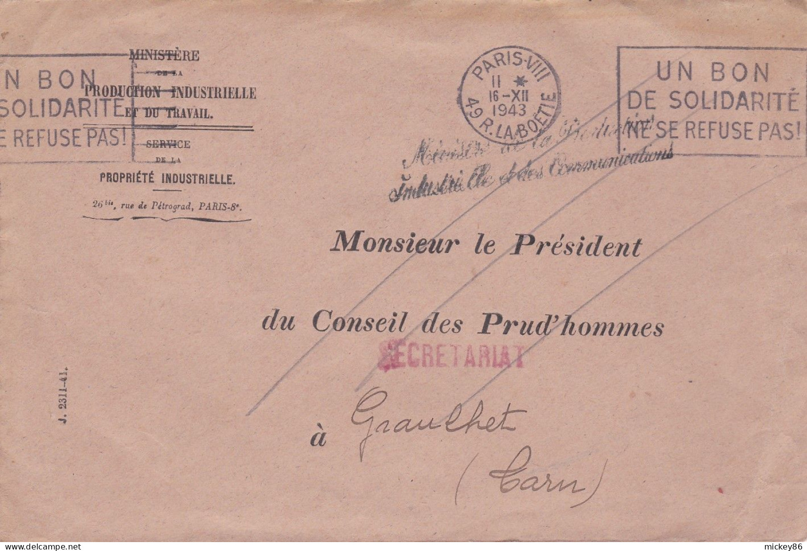 1943-Lettre F.M De PARIS 8°(Ministère Production Industrielle)pour GRAULHET-81,cachet Du 16-12-1943--Bon De Solidarité - 1921-1960: Moderne