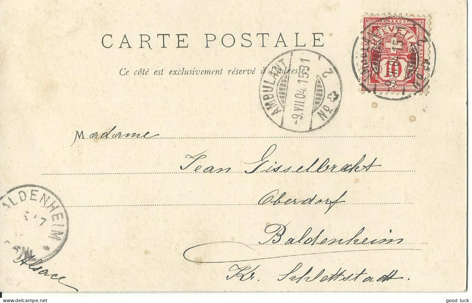 SUISSE CARTE  10c   AMBULANT N°2 POUR BALDENHEIM ( BAS RHIN )  DE 1904 LETTRE COVER - Cartas & Documentos