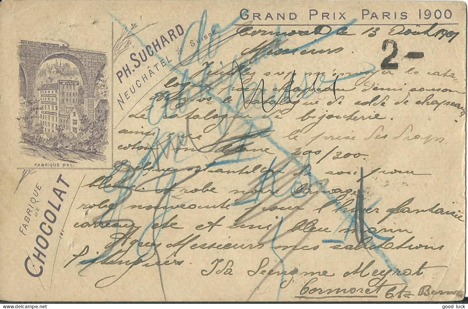 SUISSE CARTE  5c+5c  REPIQUAGE PRIVE CHOCOLAT +  AMBULANT N°12 POUR PARIS DE 1901 LETTRE COVER - Postwaardestukken