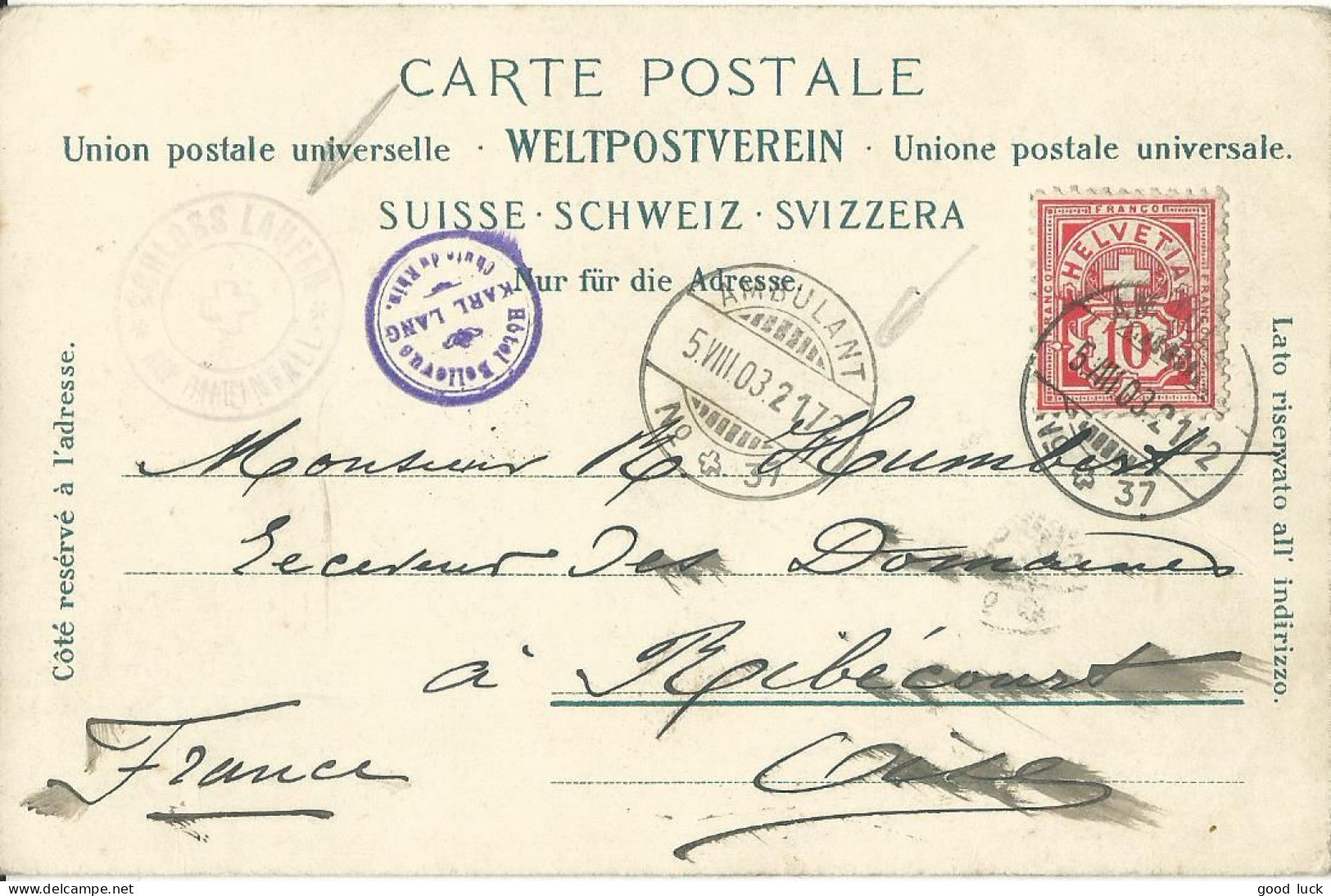 SUISSE CARTE 10c  AMBULANT N°37  POUR RIBECOURT ( OISE )  DE 1903 LETTRE COVER - Storia Postale