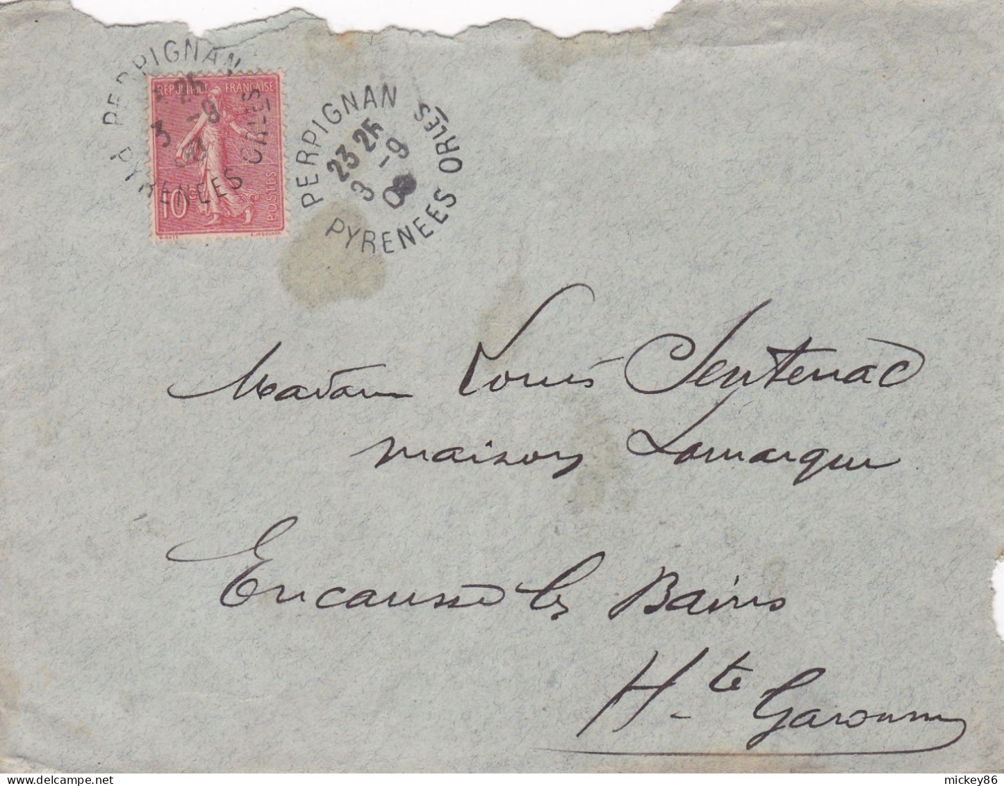 1908-Lettre De PERPIGNAN-66 Pour ENCAUSSE-31 (France),type Semeuse Lignée -cachet Du 3-9-1908--couronne Absente - Storia Postale