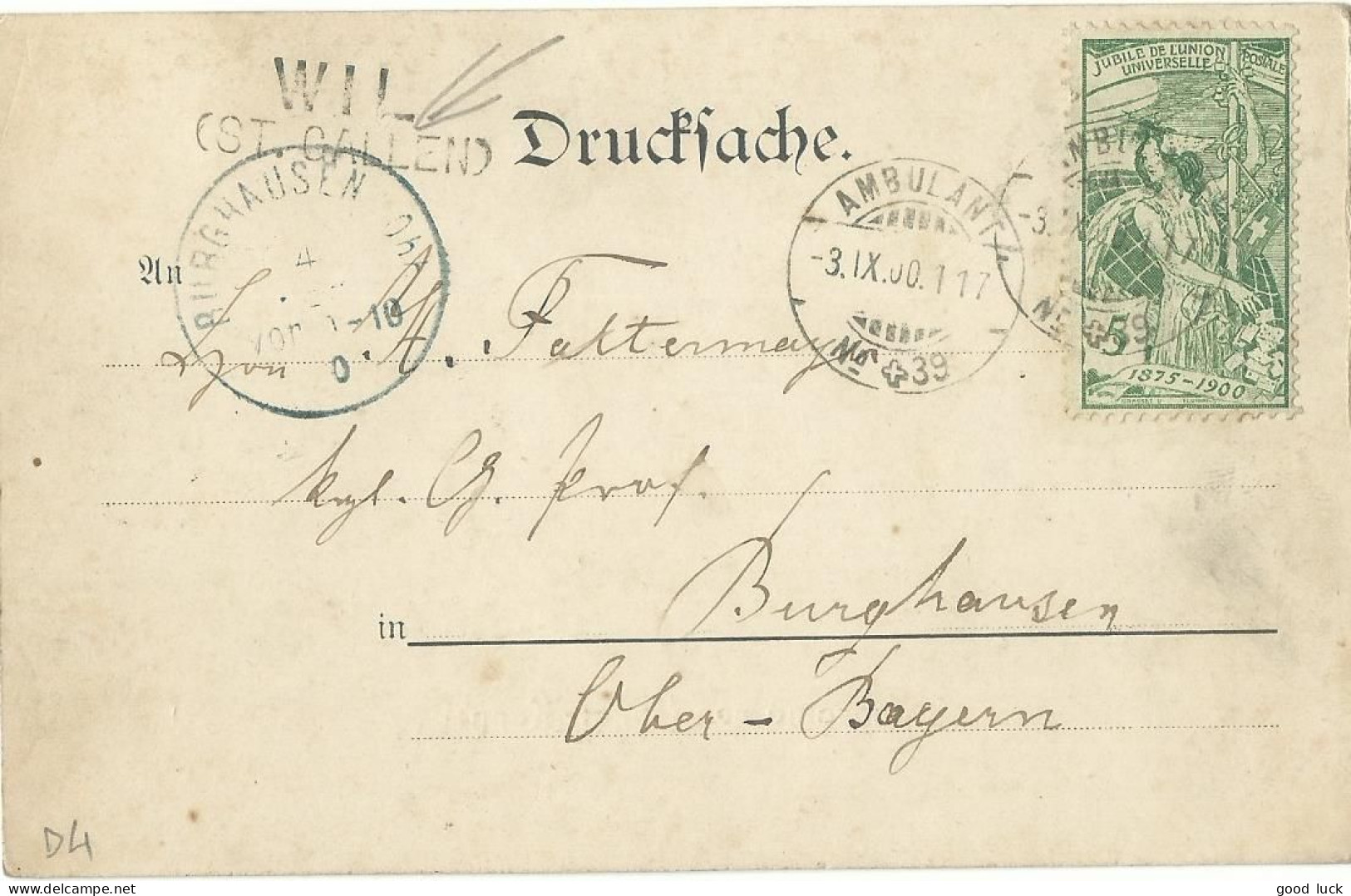 SUISSE CARTE 5c  MARQUE LINEAIRE WIL ( ST GALLEN ) + AMBULANT N°39  POUR BURGHAUSEN ( ALLEMAGNE ) DE 1900 LETTRE COVER - Storia Postale