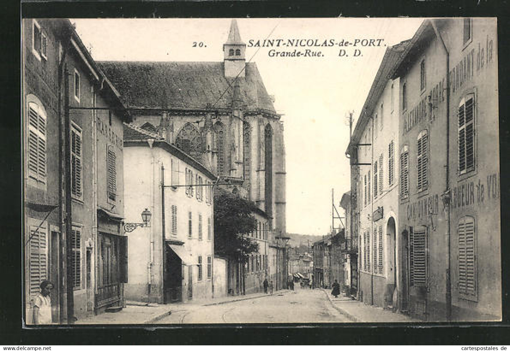 CPA Saint-Nicolas-de-Port, Boutiques Et Eglise En Grande Rue  - Saint Nicolas De Port