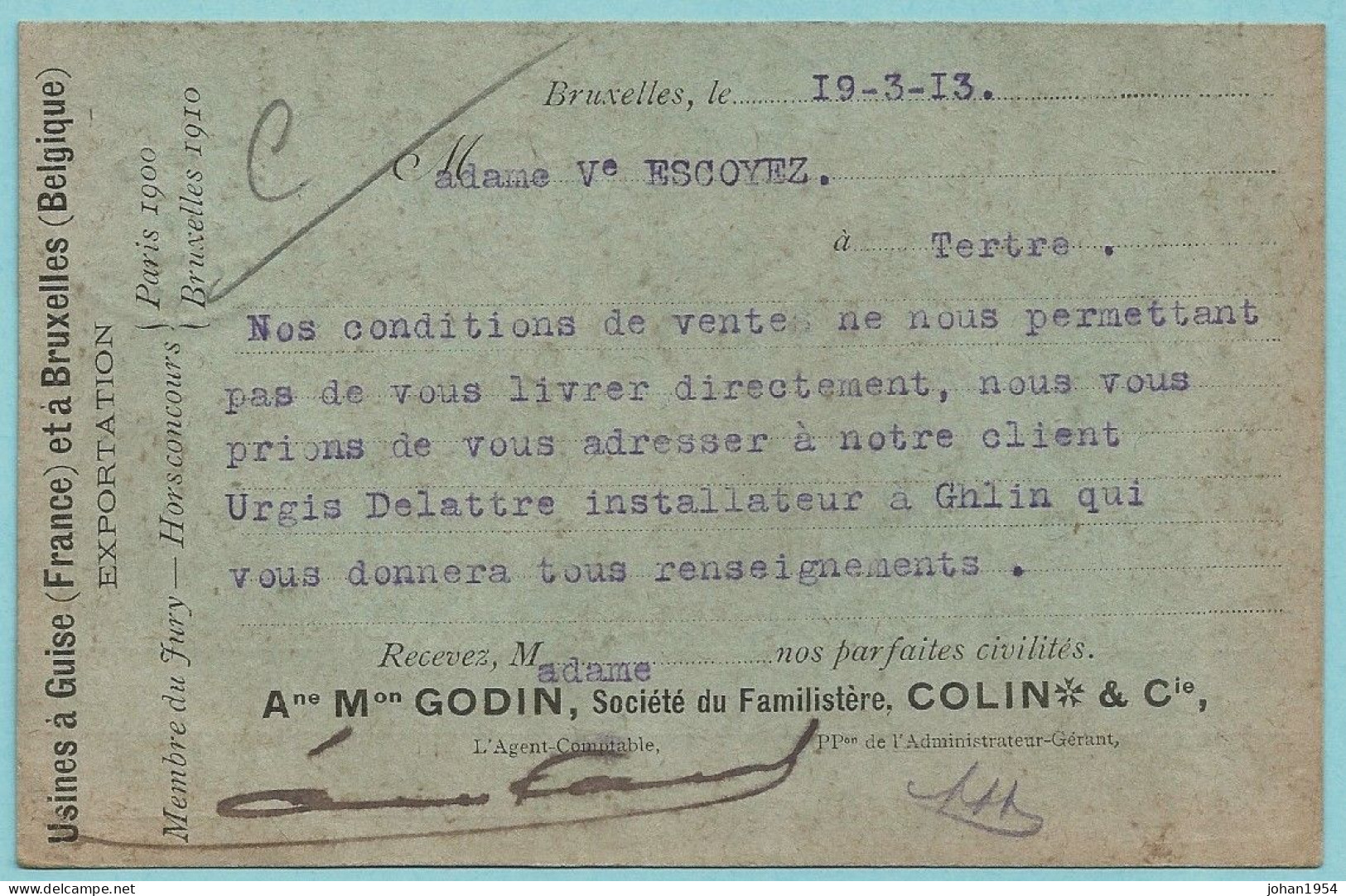 N°110 Op Reclamekaart Maison Godin, Afst. LAEKEN 19/03/1913 - 1912 Pellens