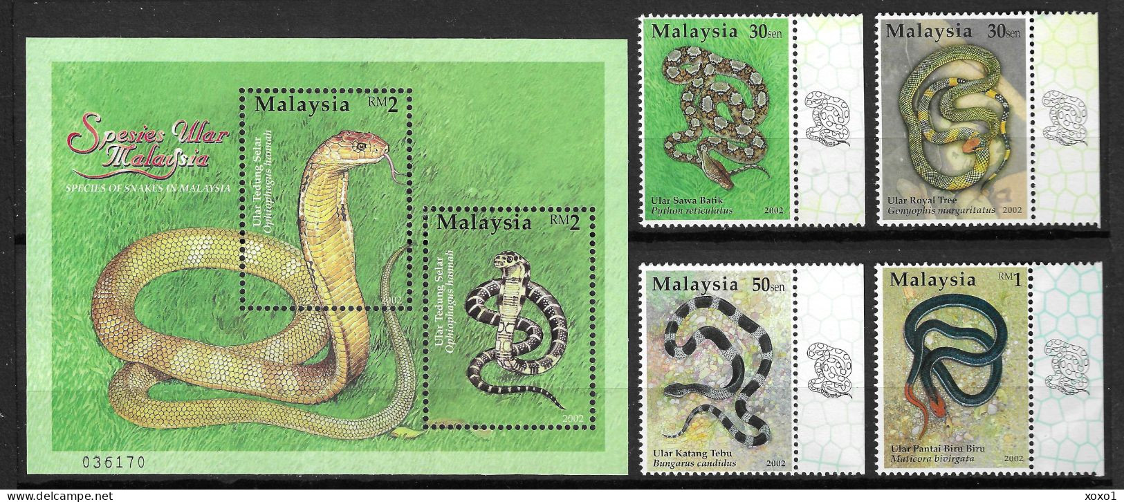 Malaysia 2002 MiNr. 1082 - 1087 (Block 60D) Reptiles Snakes  4V+ S\SH MNH** 8.20 € - Serpenti