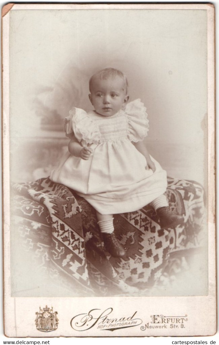 Fotografie P. Strnad, Erfurt, Portrait Niedliches Kleinkind Im Weissen Kleid Auf Decke Sitzend  - Anonymous Persons