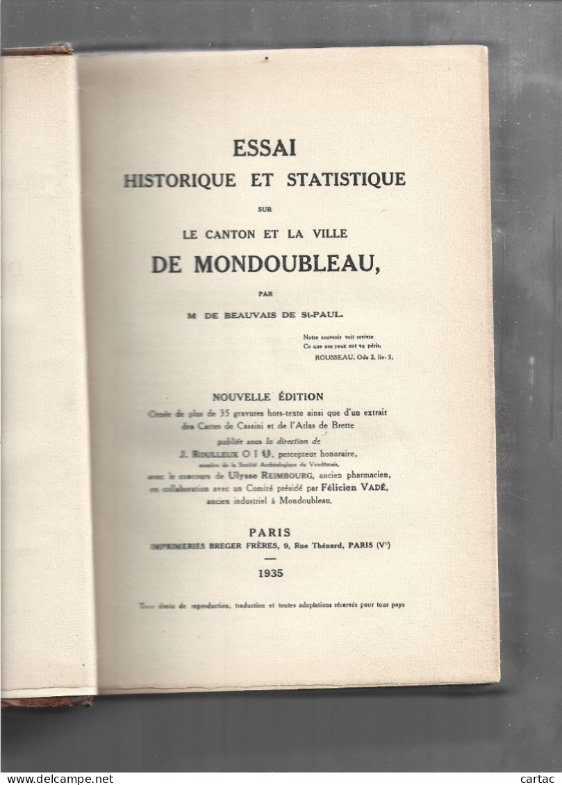 D41. HISTOIRE DE MONDOUBLEAU. 1935. M. DE BEAUVAIS DE SAINT- PAUL. ESSAI HISTORIQUE ET STATISTIQUE SUR LE CANTON - Centre - Val De Loire