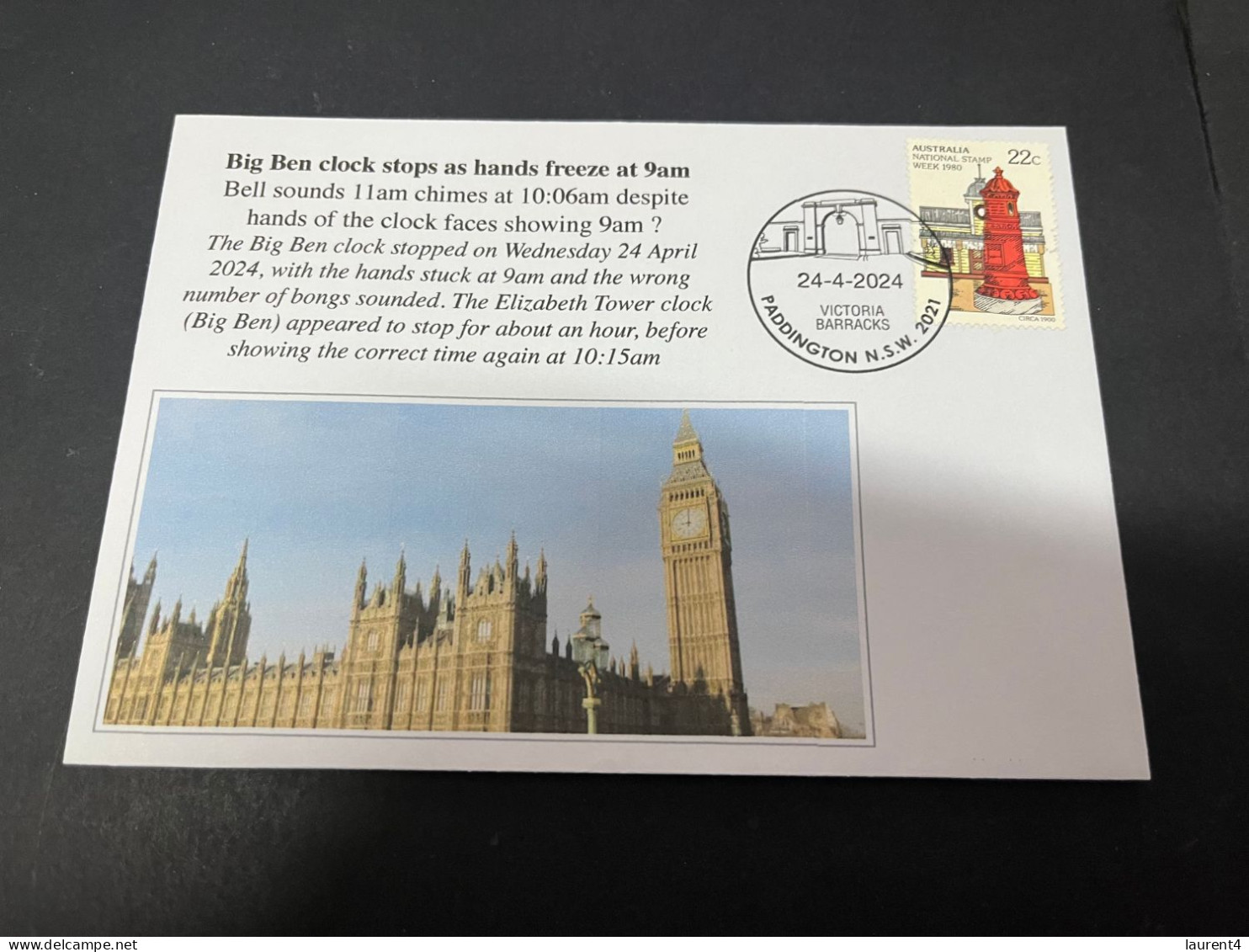 27-4-2024 (3 Z 12) UK - Big Ben Clock Stops As Hand Freeze At 9am (24-4-2024) Post Boxe & Big Clock Stamp ! - Other & Unclassified