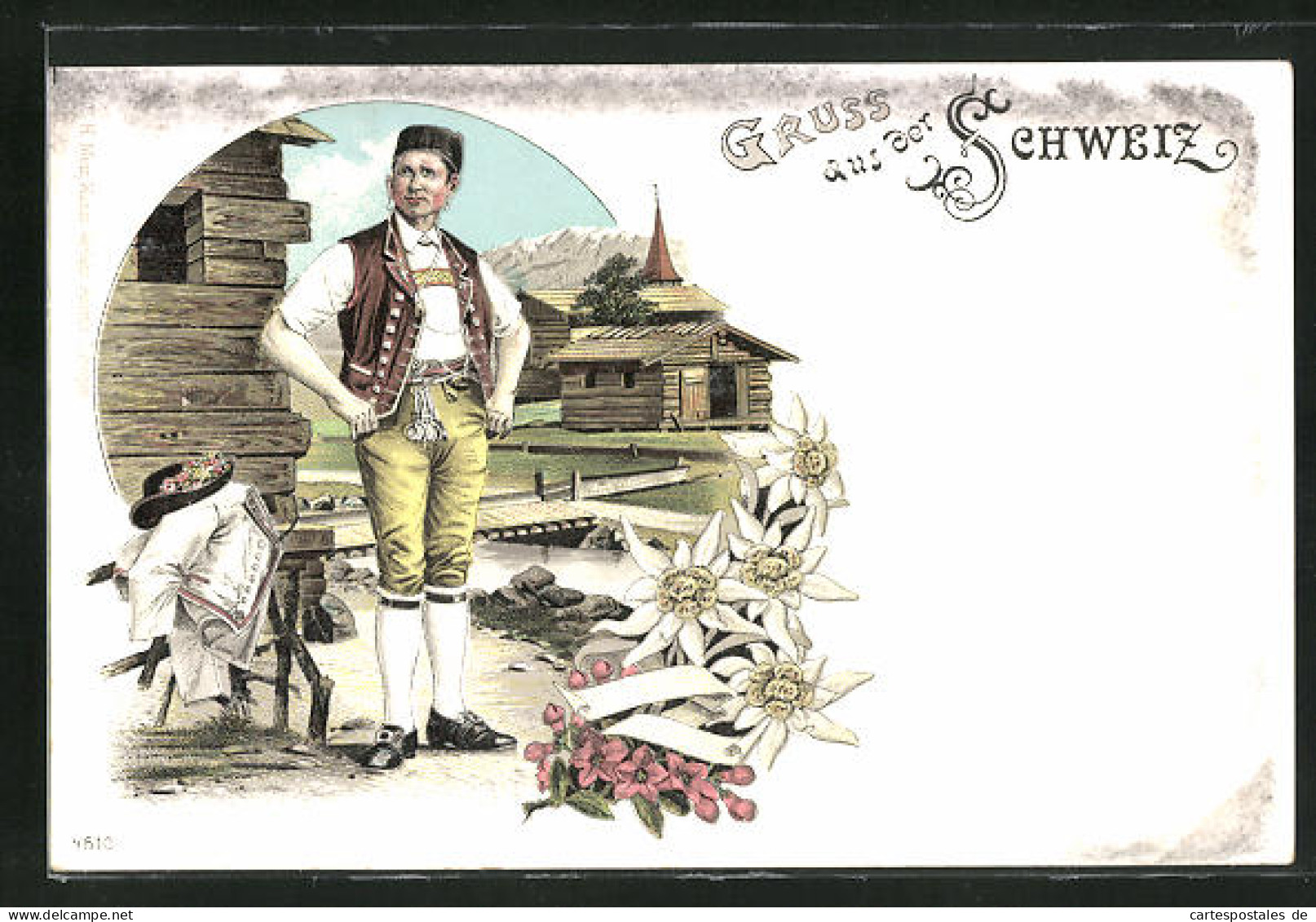 Lithographie Schweiz, Mann In Tracht Vor Einem Holzhaus Mit Alpenblumen  - Unclassified