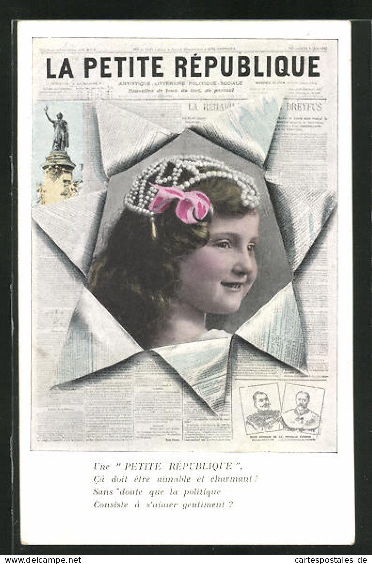 AK Zeitung La Petite Republique, Mädchenportrait In Einem Eingerissenen Zeitungsblatt  - Autres & Non Classés