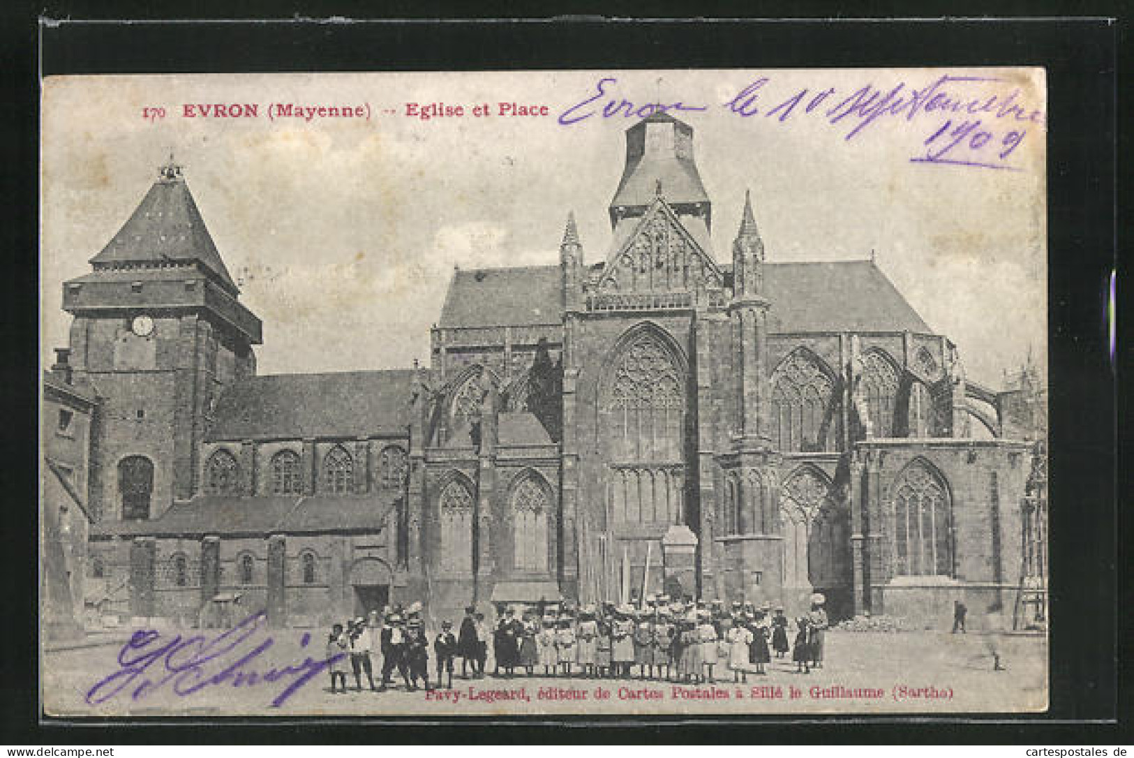 CPA Evron, Eglise Et Place  - Evron