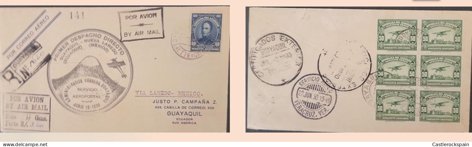 O) 1930 ECUADOR, FIRST DIRECT DISPATCH GUAYAQUIL NUEVA LAREDO, ECUADOR MEXICO, AIRMAIL VIA LAREDO, TO MEXICO VERACRUZ, P - Equateur