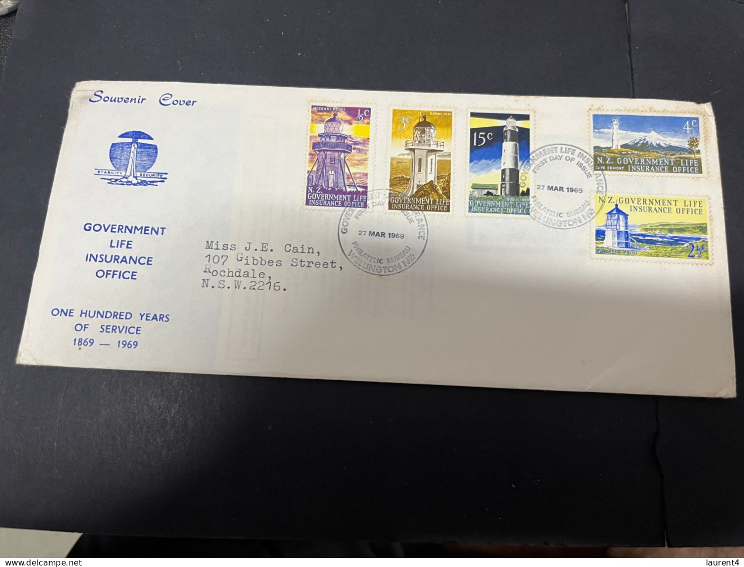 27-4-2024 (3 Z 14) FDC - New Zealand - Posted To Australia 1969 - Government Life Insurene Office (+ Insert) Lighthouses - FDC