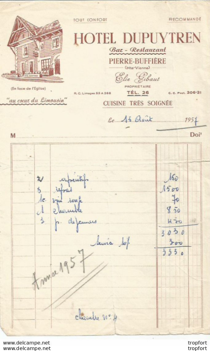 F14 / Old Invoice / Facture Ancienne Hôtel 1957 DUPUTREN Limousin PIERRE BUFFIERE - Straßenhandel Und Kleingewerbe