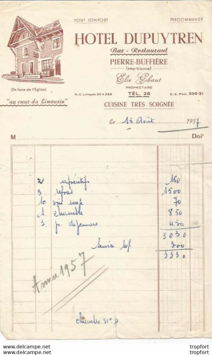 F14 / Old Invoice / Facture Ancienne Hôtel 1957 DUPUTREN Limousin PIERRE BUFFIERE - Petits Métiers