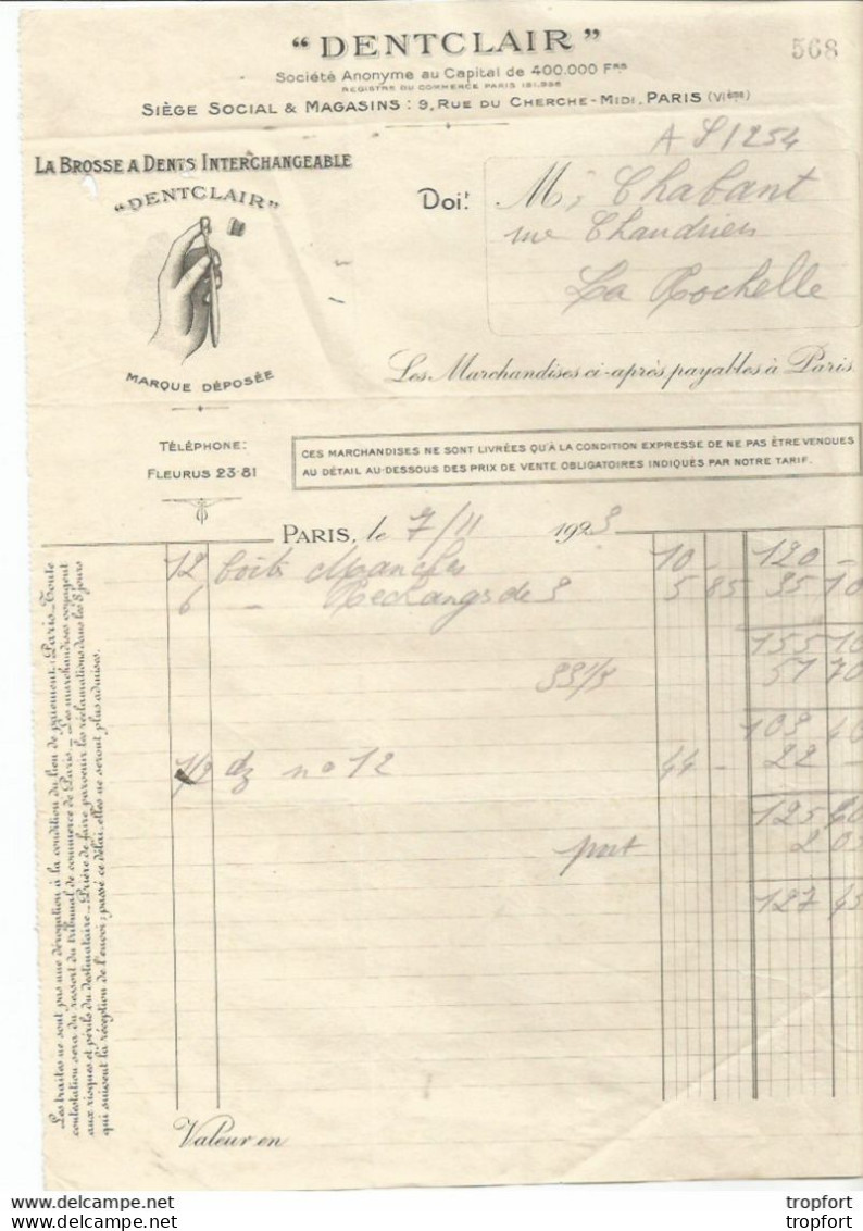 F14 / Old Invoice / Facture Ancienne BROSSE A DENT INTERCHANGEABLE DENTCLAIR La Rochelle 1923 Dent Dentifrice Dentiste - Old Professions