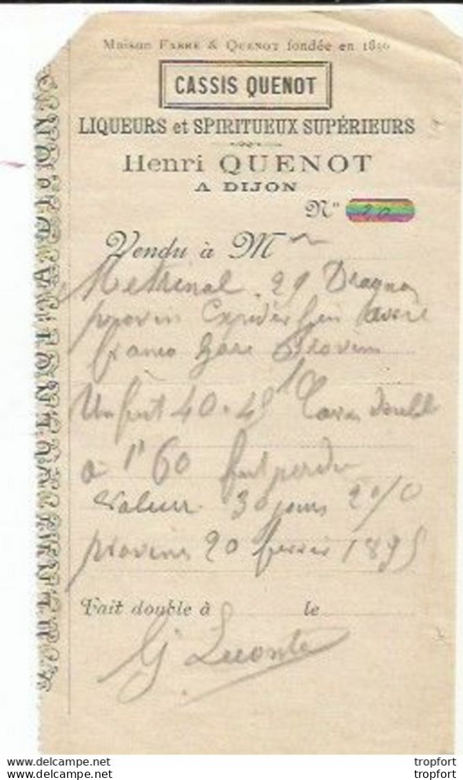 TI Cpa / Petite Facture Henri QUENOT DIJON Cassis QUENOT Liqueurs Spiritueux 1895 - Straßenhandel Und Kleingewerbe