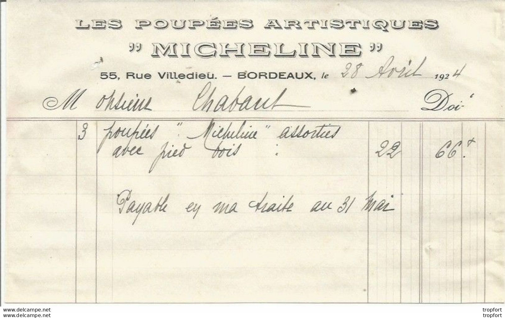 F14 Cpa / Old Invoice / Facture Lettre 1924 POUPEES ARTISTIQUES MICHELINE BORDEAUX Poupée - Artesanos