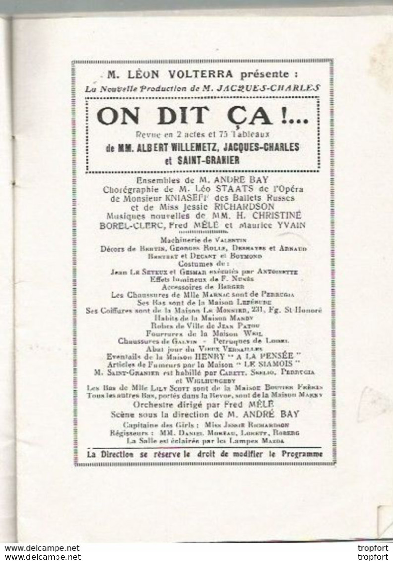 BB / Vintage / Old French Program Theater 1923 // Programme Théâtre Couv GESMAR / CASINO De Paris ON DIT CA ! // - Programmi