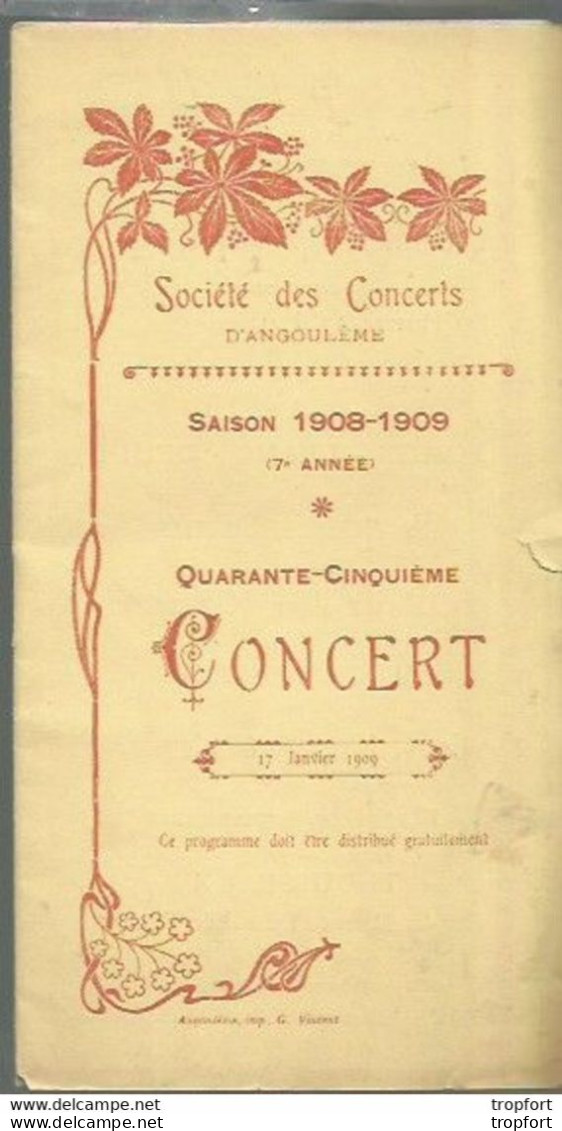 PO / Vintage / Old French Program / RARE Programme Concert ANGOULEME 1909 - Programs