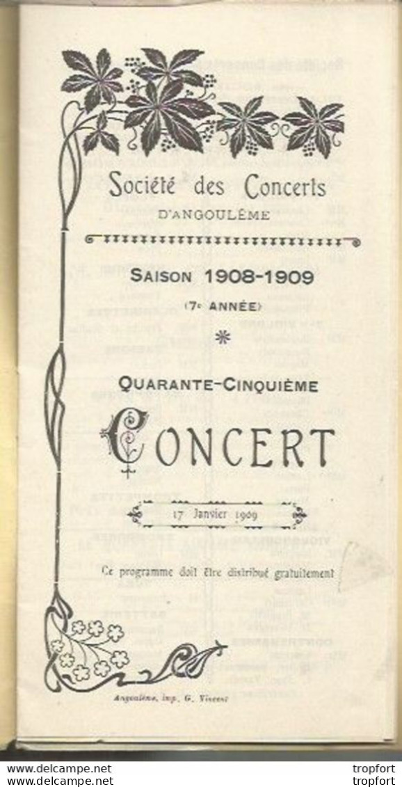 PO / Vintage / Old French Program / RARE Programme Concert ANGOULEME 1909 - Programme