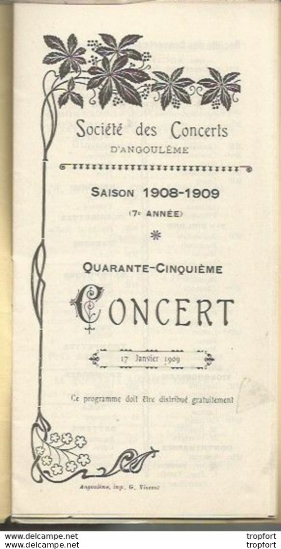PO / Vintage / Old French Program / RARE Programme Concert ANGOULEME 1909 - Programmes