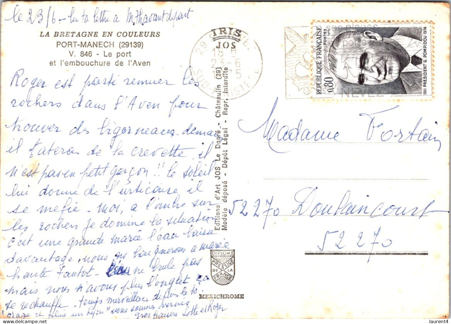 27-4-2024 (3 Z 15)  France - (folded) Port Manech (poted 1975 With Président Pompidou Stamp) - Otros & Sin Clasificación