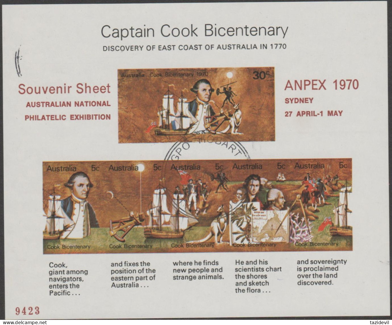 AUSTRALIA - USED 1970 55c Captain Cook Bicentenary "Anpex" Souvenir Sheet - Used Stamps