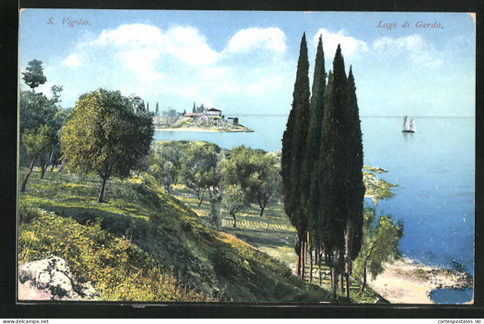 Cartolina San Vigilio, Lago Di Garda, Uferpartie Mit Zypressen  - Andere & Zonder Classificatie