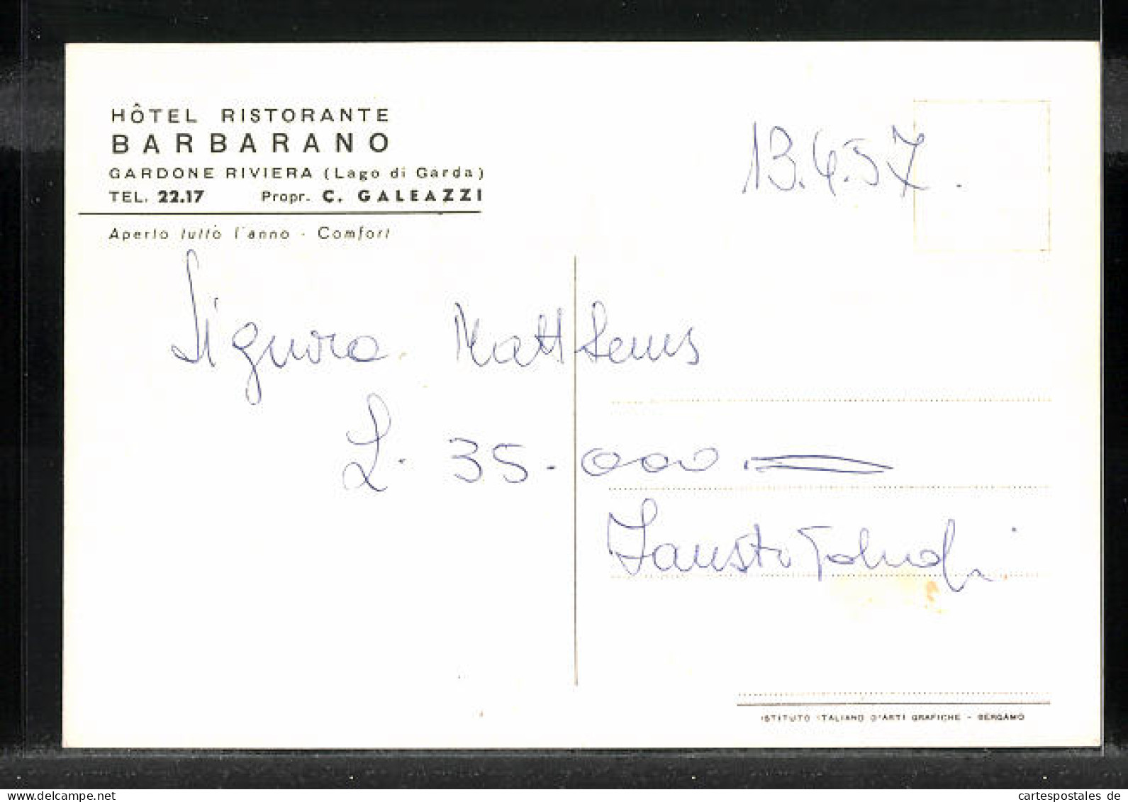 Cartolina Gardone Riviera, Hotel Ristorante Barbarano  - Otros & Sin Clasificación