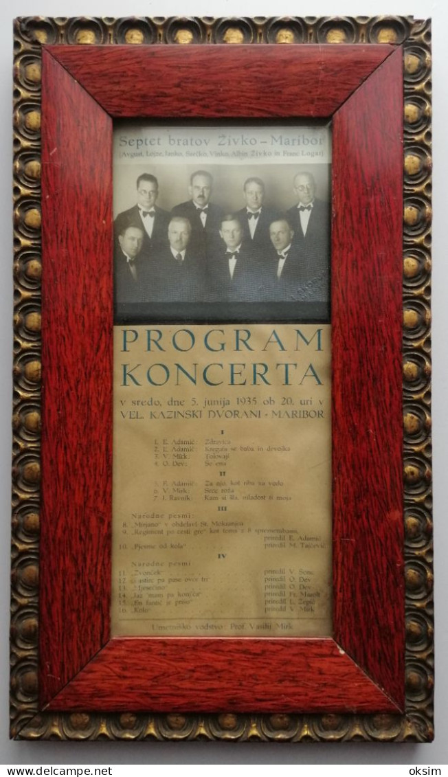 SEPTET BRATOV ŽIVKO, MARIBOR, PROGRAM KONCERTA, 1935, Velikost Okvirja 21x36.5 Cm, NI RAZGLEDNICA!!! - Slovenia