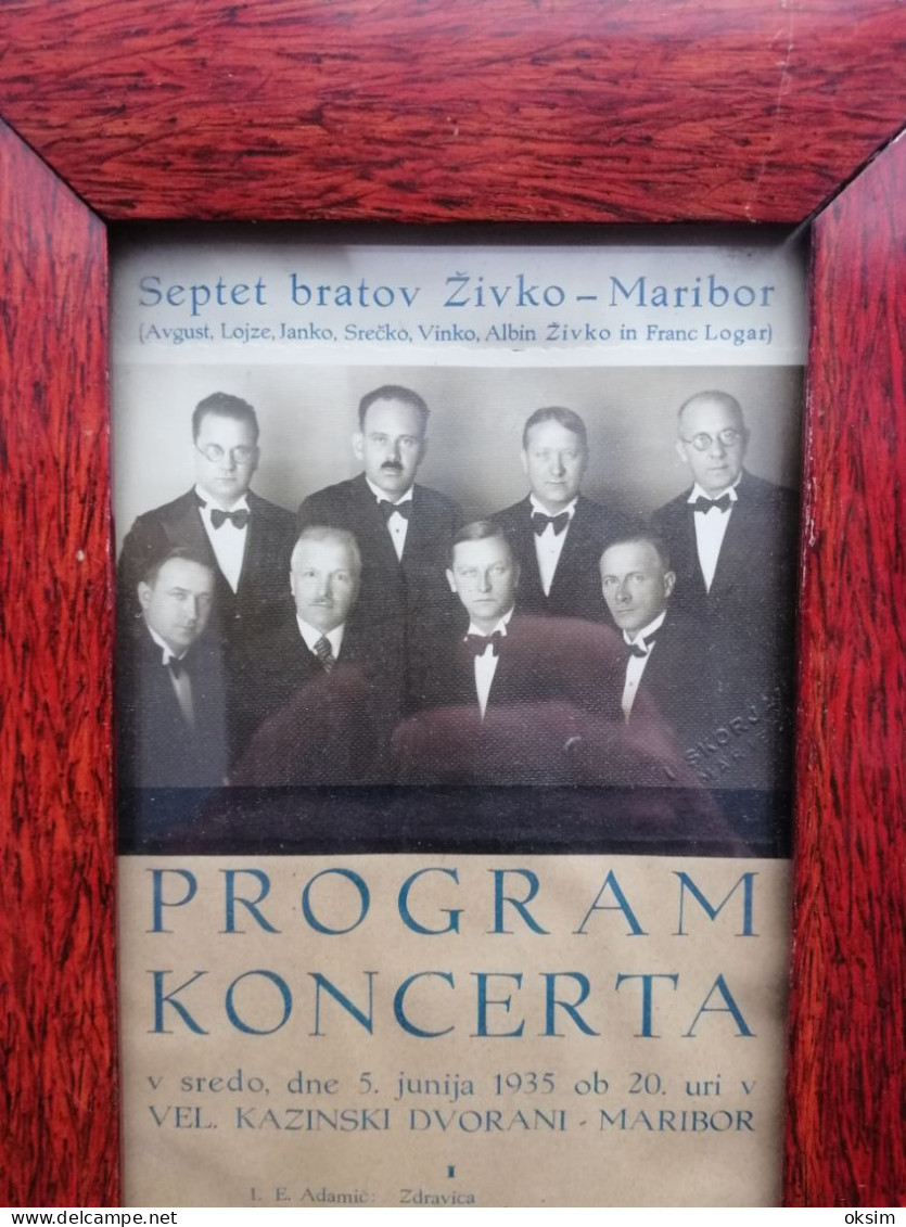 SEPTET BRATOV ŽIVKO, MARIBOR, PROGRAM KONCERTA, 1935, Velikost Okvirja 21x36.5 Cm, NI RAZGLEDNICA!!! - Eslovenia