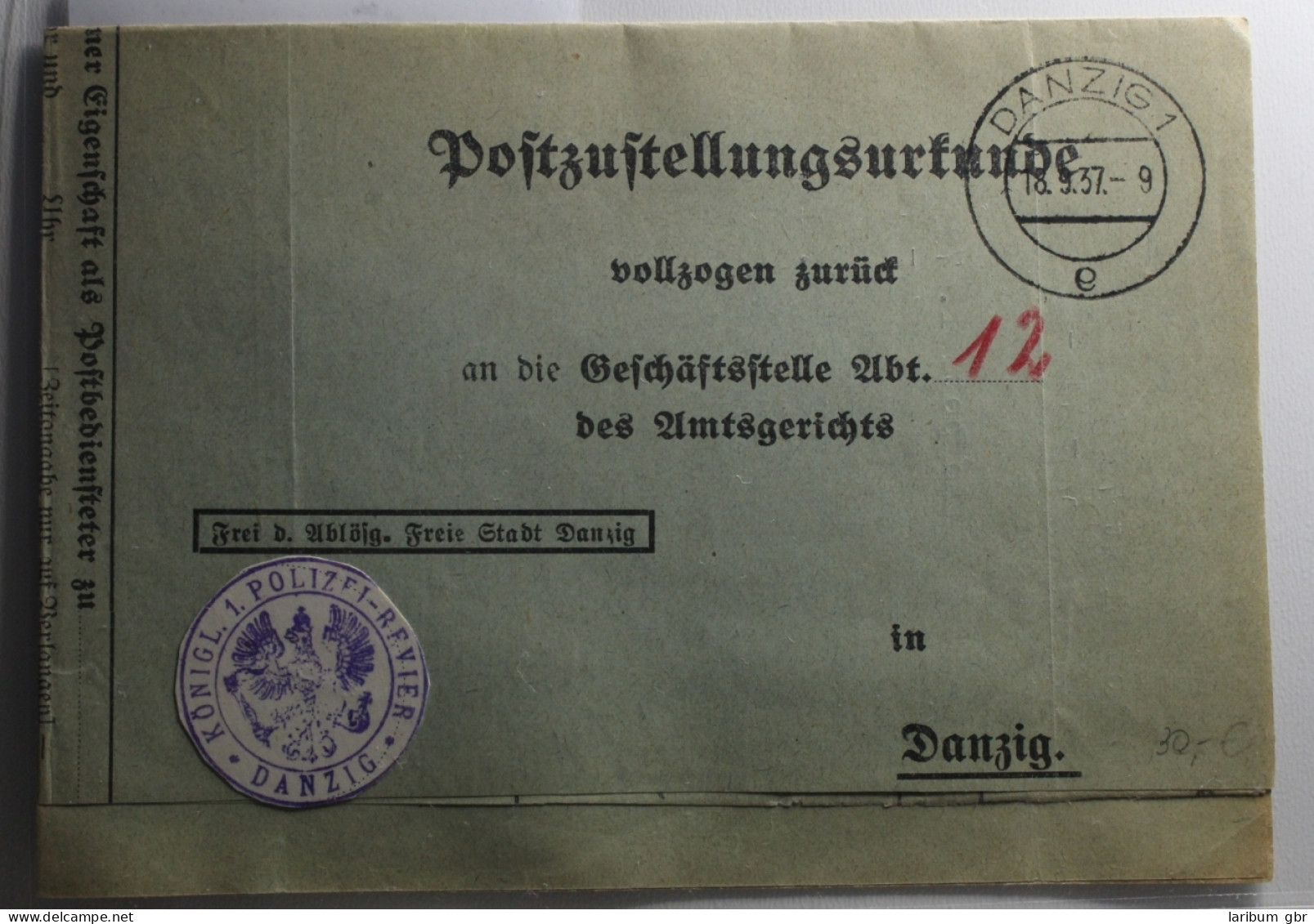 Danzig Postzustellungsurkunde Gestempelt An Geschäftsstelle Abt.12 #BA031 - Cartas & Documentos