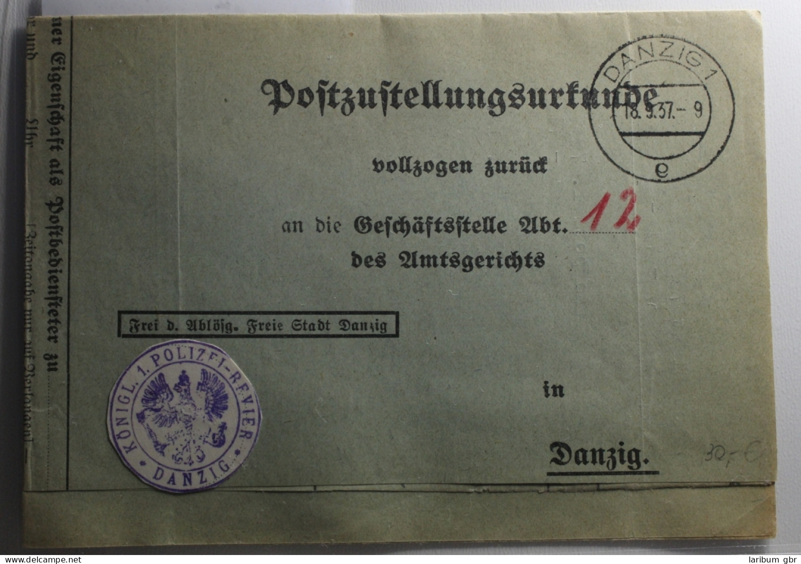 Danzig Postzustellungsurkunde Gestempelt An Geschäftsstelle Abt.12 #BA031 - Brieven En Documenten