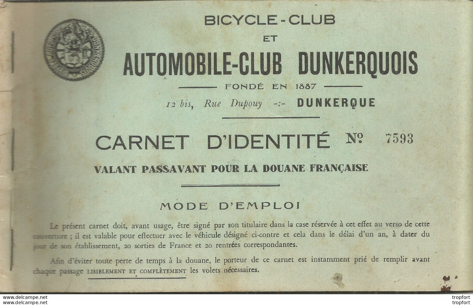 XH / Rare LIVRET AUTOMOBILE-CLUB DUNKERQUE Bicycle Club CARNET IDENTITE DOUANE 1936 GHYVELDE - Documentos Históricos