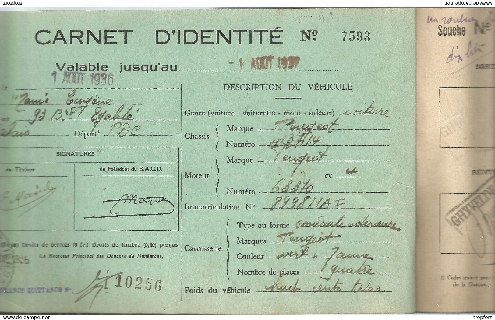 XH / Rare LIVRET AUTOMOBILE-CLUB DUNKERQUE Bicycle Club CARNET IDENTITE DOUANE 1936 GHYVELDE - Historical Documents