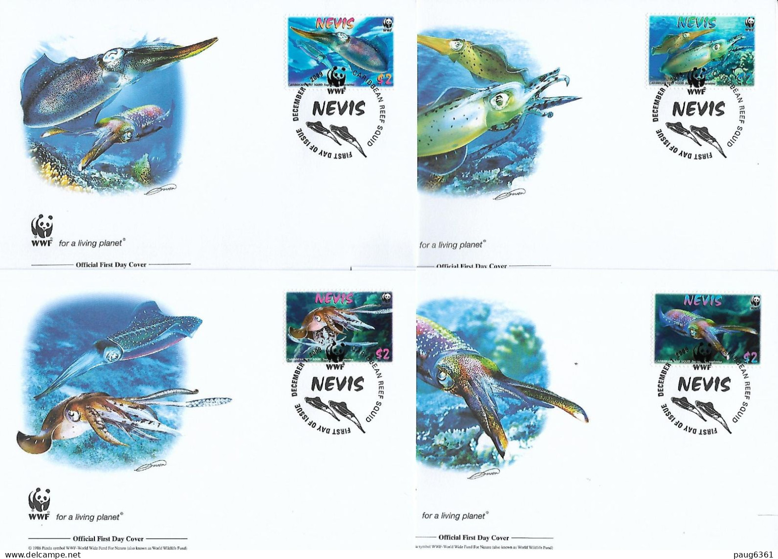 NEVIS  2009  4 FDC WWF-CALAMARS YVERT N°2103/2106 - FDC