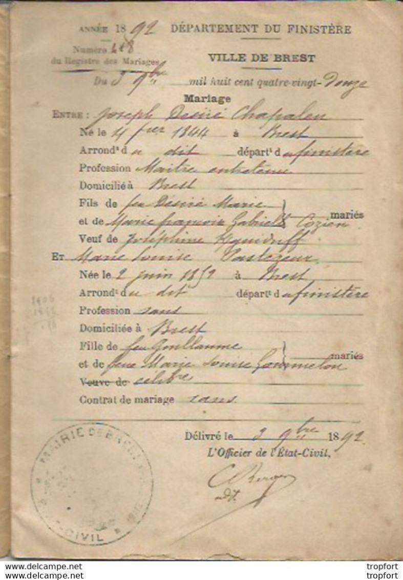 F14 Cpa / Livret De FAMILLE Ancien BREST 1892 Finistère - Documents Historiques