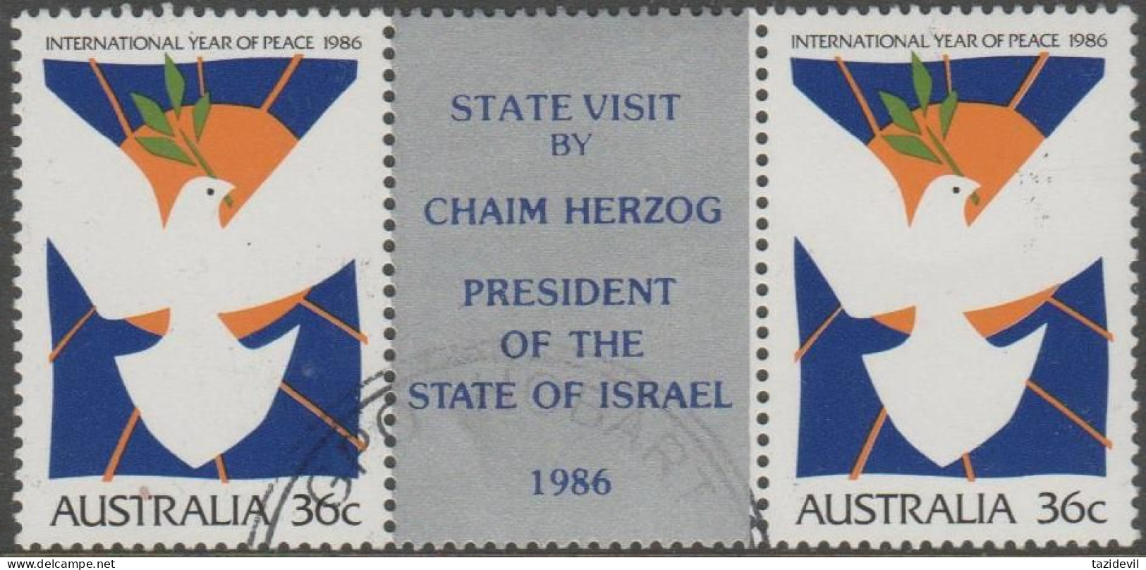 AUSTRALIA - USED 1986 72c International Year Of Peace - State Visit Of President Of The State Of Israel Gutter Pair - Used Stamps