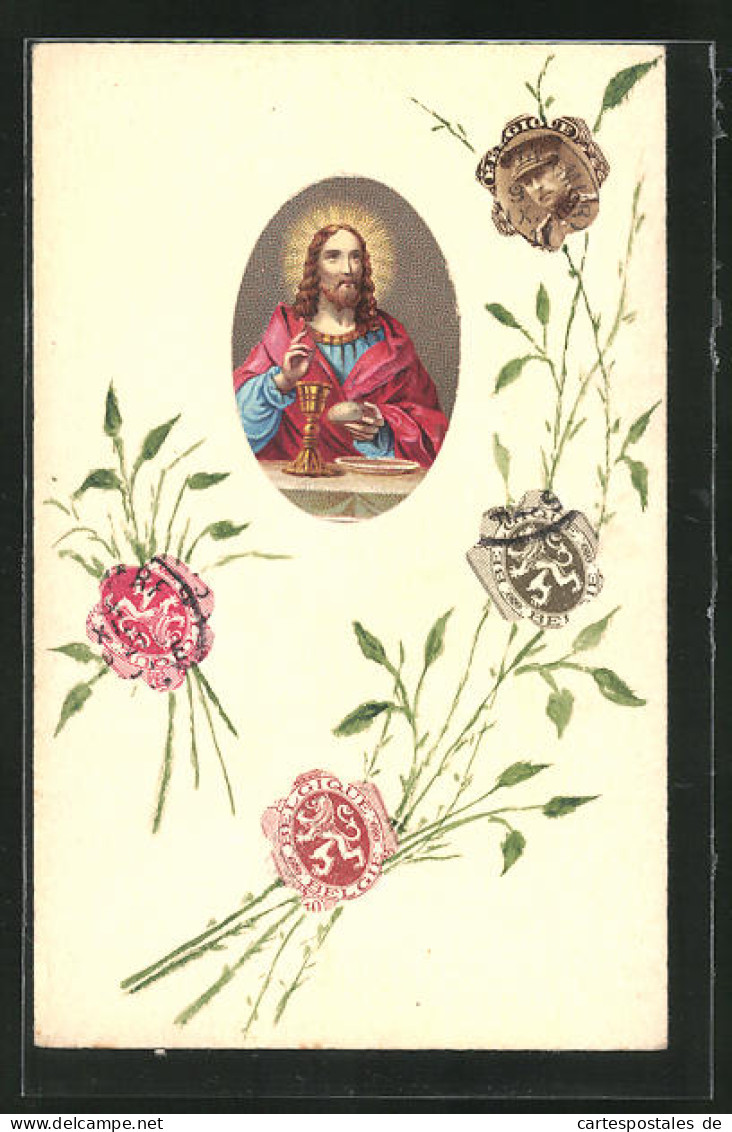 AK Christus Mit Brot Und Wein Und Briefmarkencollage  - Postzegels (afbeeldingen)