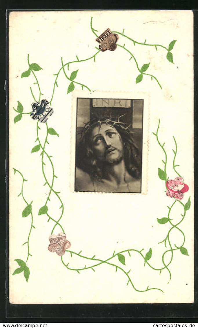 AK Briefmarkencollage Mit Christus Am Kreuz  - Timbres (représentations)