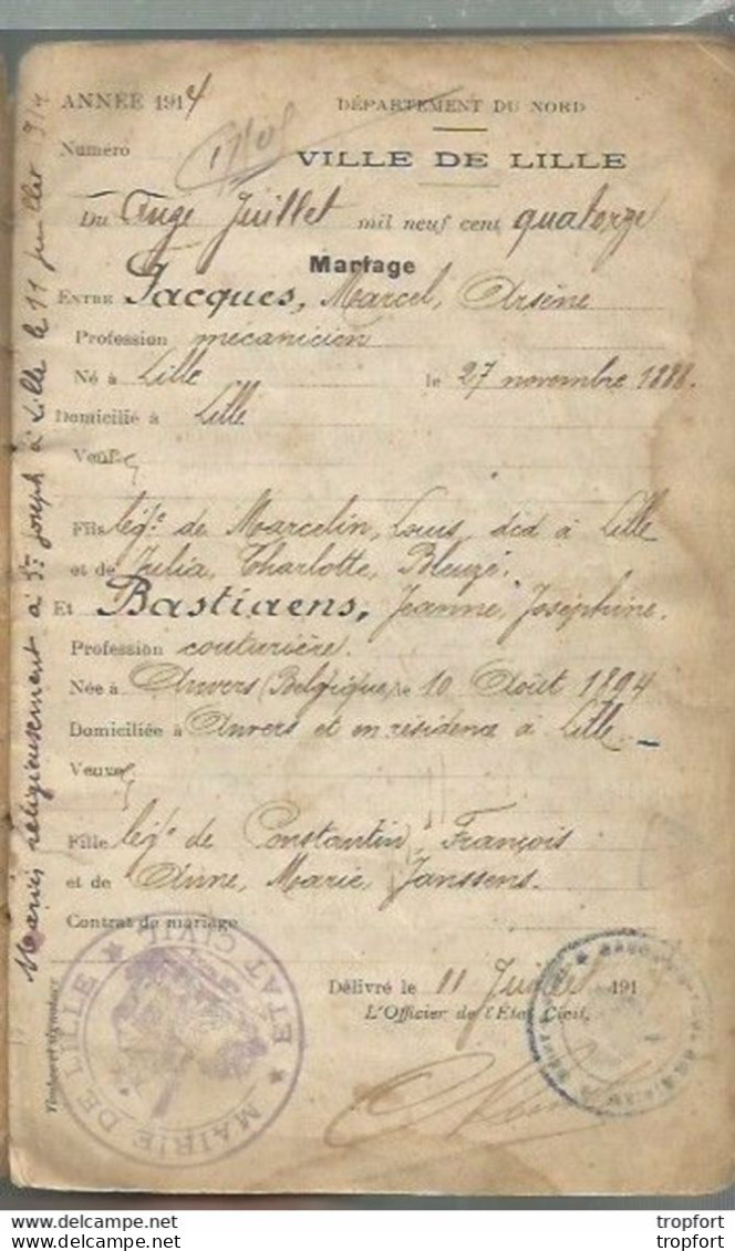 CO / Vintage / Vieux LIVRET DE FAMILLE Ville De LILLE 1914 // JOUY EN JOSAS / ANVERS - Historical Documents