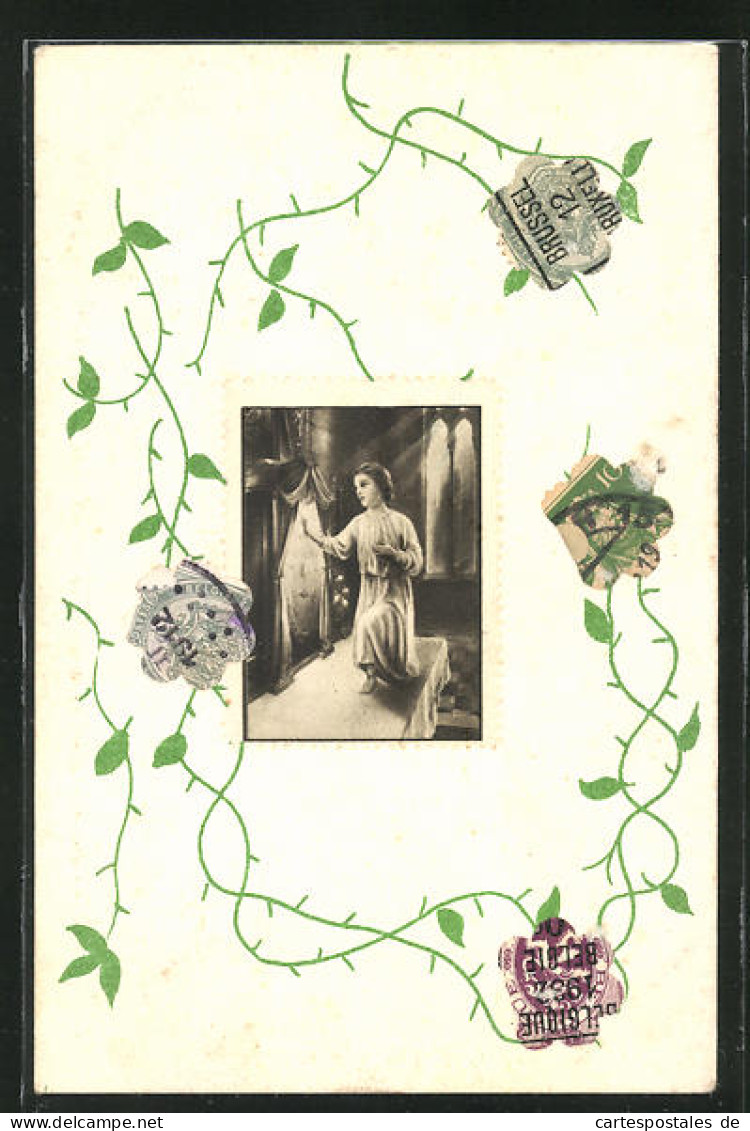 AK Briefmarkencollage Kniende Frau Und Blumen  - Postzegels (afbeeldingen)