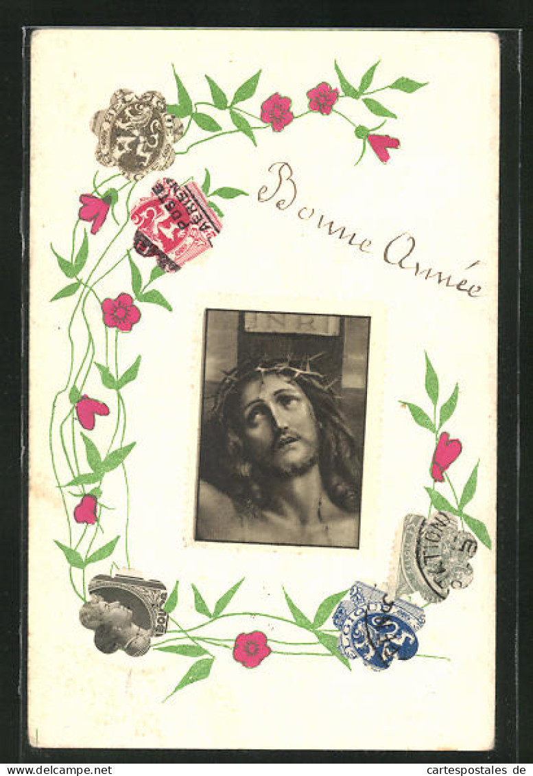 AK Briefmarkencollage Jesus Am Kreuz Und Blumen, Neujahrsgruss  - Francobolli (rappresentazioni)