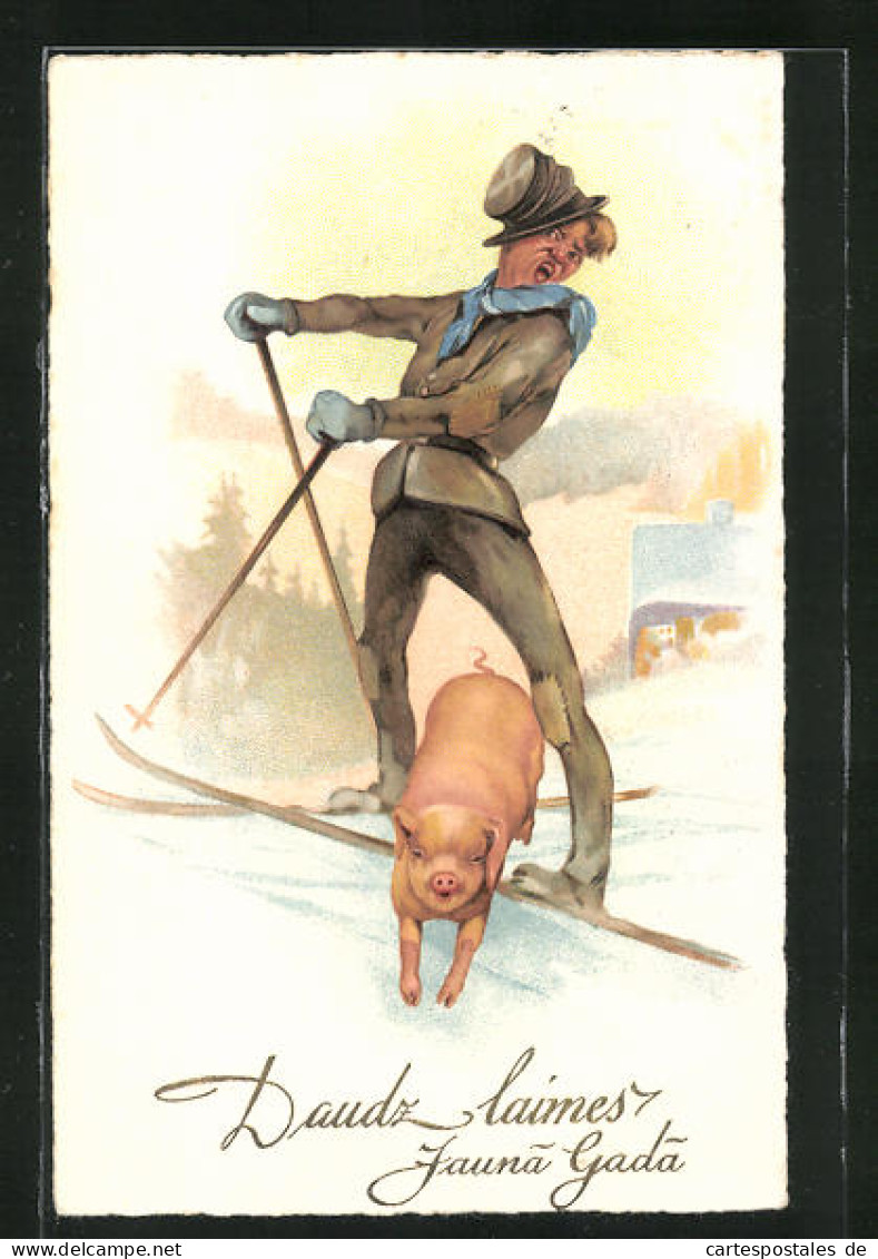 Künstler-AK Schweinchen Rennt Einem Skifahrer Zwischen Den Beinen Hindurch  - Varkens